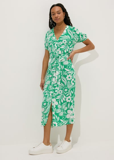 Green Floral Print Midi Dress