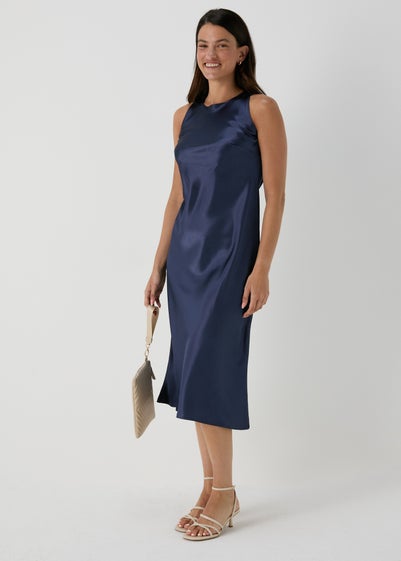 Navy Bias Cut Satin Slip Dress