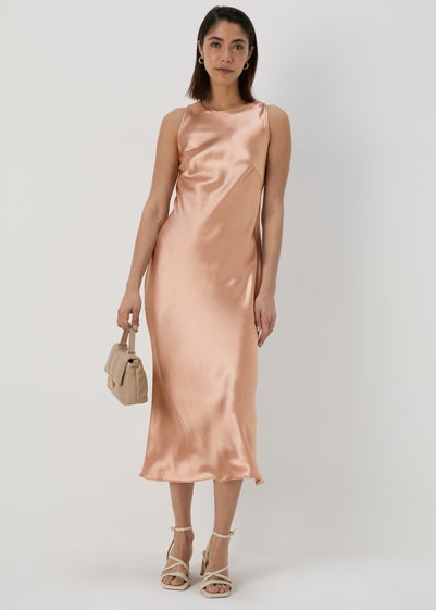 Champagne Bias Cut Satin Slip On Pencil Dress