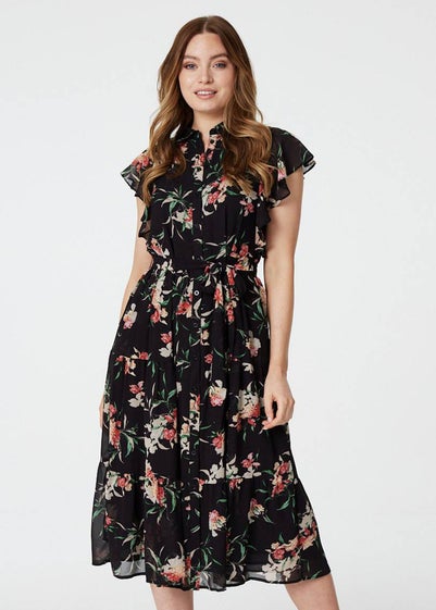 Izabel London Black Floral Angel Sleeve Shirt Dress