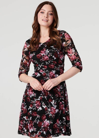 Izabel London Red Rose Print Lace Overlay Short Dress