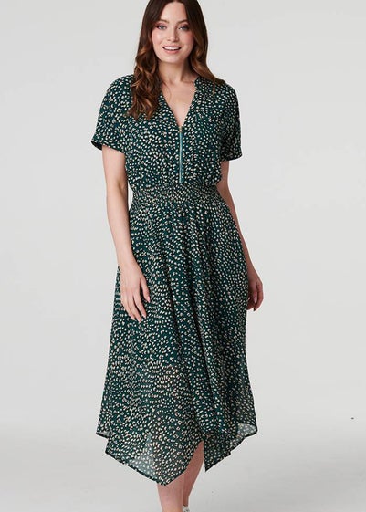 Izabel London Green Printed Zip Front Hanky Hem Dress