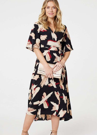 Izabel London Black Printed Midi Wrap Dress