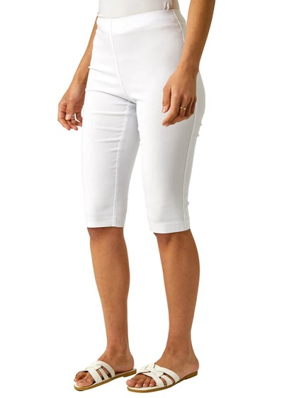 Roman White Elastic Waist Knee Length Stretch Shorts