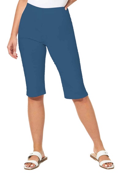 Roman Petrol Blue Stretch Knee Length Elastic Waist  Shorts