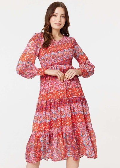 Izabel London Red Floral Long Puff Sleeve Smock Dress