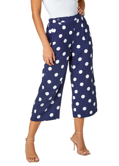 Roman Navy Polka Dot Elastic Waist Culotte Trousers