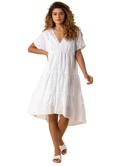 Roman Ivory Broderie Tiered Smock Skater Dress