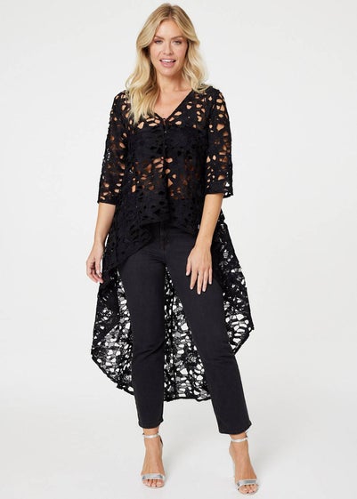 Izabel London Black Lace Semi Sheer Drop Hem Top