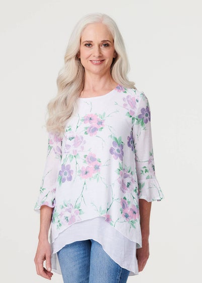 Izabel London Pink Floral Layered Hem Blouse Top