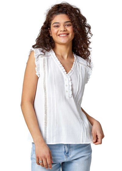 Roman Ivory Ruffle Detail Cotton Crinkle Top