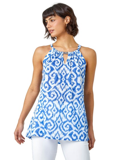 Roman Blue Aztec Print Halter Neck Top