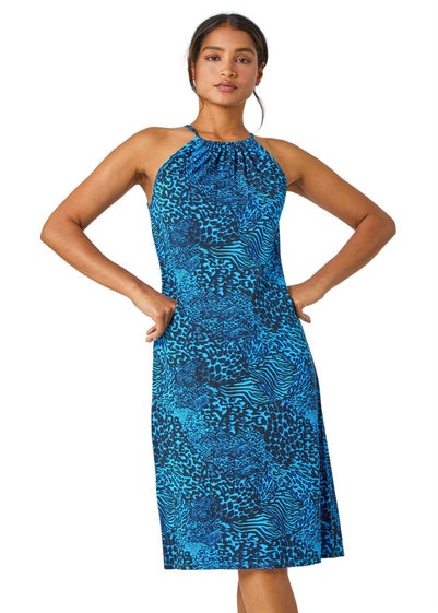 Roman Blue Animal Print Halter Neck Stretch Dress