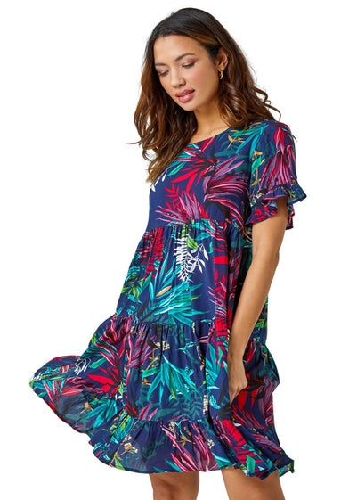 Roman Navy Tropical Frill Sleeve Tiered Smock Dress