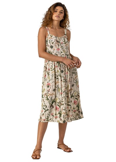 Roman Ivory Floral Print Button Down Sun Dress