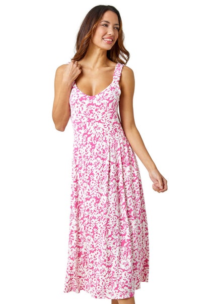 Roman Fuschia Sleeveless Floral Midi Stretch Dress