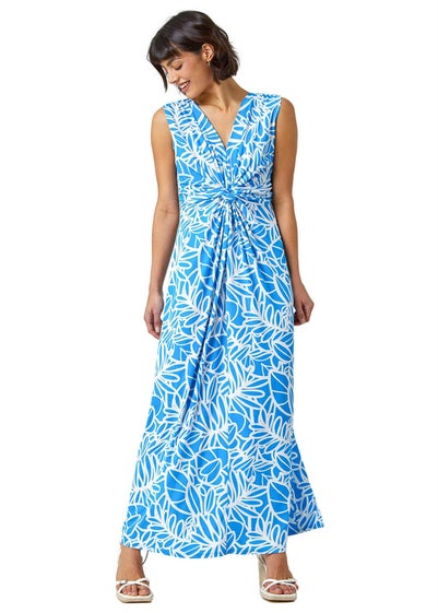 Roman Blue Floral Print Twist Front Maxi Dress