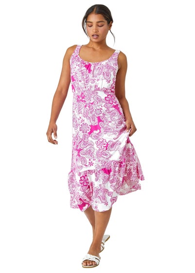 Roman Fuchsia Paisley Frill Hem Stretch Midi Dress