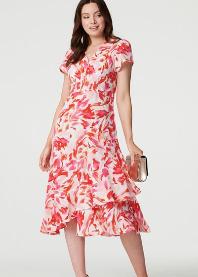 Izabel London Red Printed Layered Hem Midi Dress