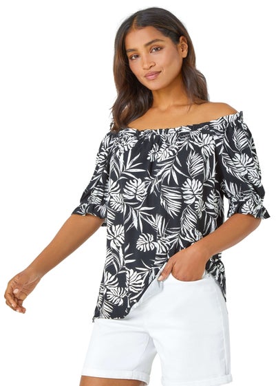 Roman Black Shirred Bardot Palm Print Top