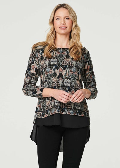 Izabel London Black Printed Layered Hem Jumper