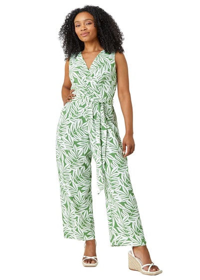 Roman Khaki Petite Leaf Print Wrap Jumpsuit