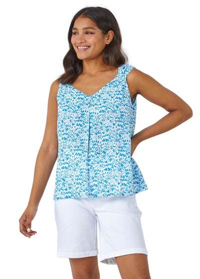 Roman Blue Ditsy Print Pleat Front Cami Top