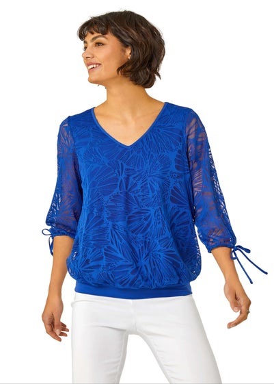 Roman Royal Blue Burnout Tie Sleeve V-Neck Overlay Top