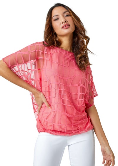 Roman Coral Abstract Check Print Blouson Top