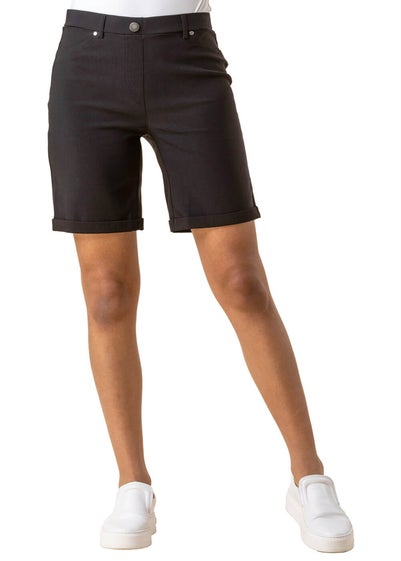 Roman Black Elastic Waist Turn Up Stretch Shorts