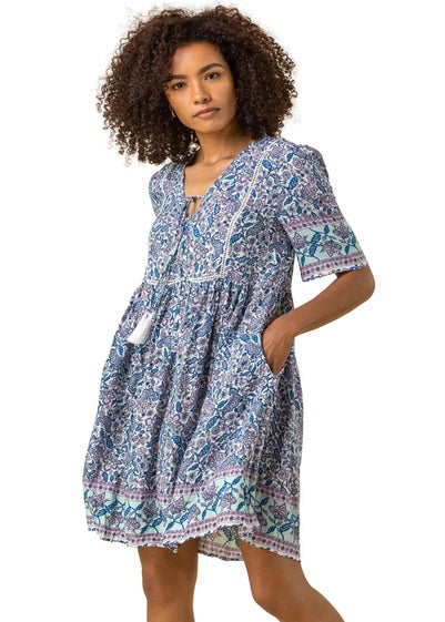 Roman Blue Floral Border Print Shift Tea Dress