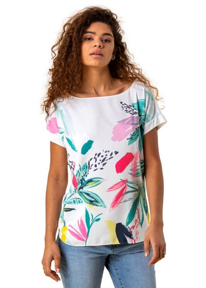 Roman Multi Abstract Leaf Print Stretch T-Shirt