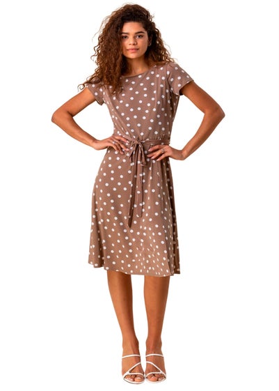 Roman Taupe Spot Print Jersey Stretch Dress - Size 10