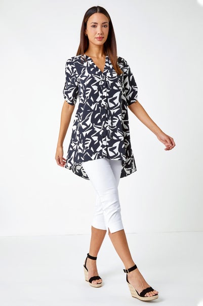 Roman Black Abstract Print Dipped Hem Shirt