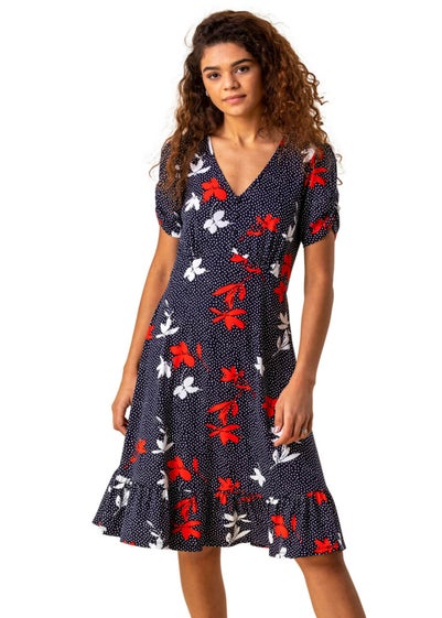 Roman Navy Floral Spot Print Frill Stretch Dress