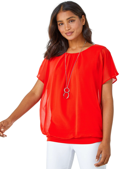 Roman Orange Chiffon Jersey Blouson Top with Necklace