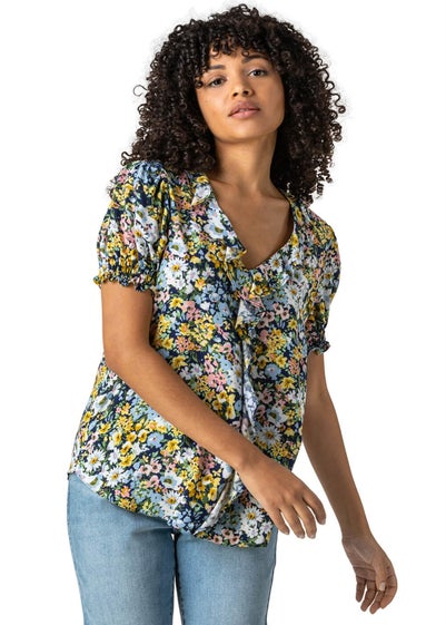 Roman Blue Floral Print Frill Detail Blouse