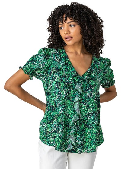 Roman Green Floral Print Frill Detail Blouse