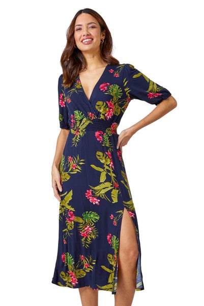 Roman Pink Tropical Print Stretch Wrap Midi Dress