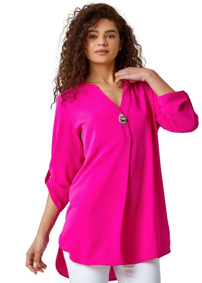 Roman Fuchsia V-Neck Longline Button Detail Tunic Top