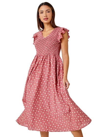 Roman Pink Frill Sleeve Spot Shirred Midi Dress