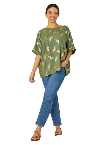 Roman Khaki Metallic Leaf Print Oversized T-Shirt