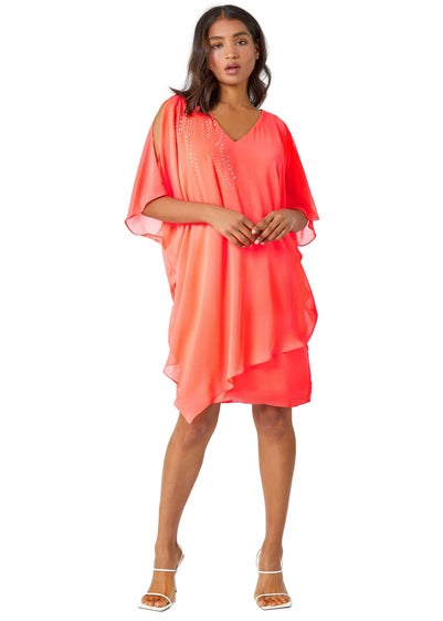 Roman Coral Embellished Cold Shoulder Overlay Dress