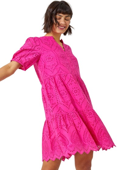 Roman Fuchsia Embroidered Tiered Cotton Smock Dress