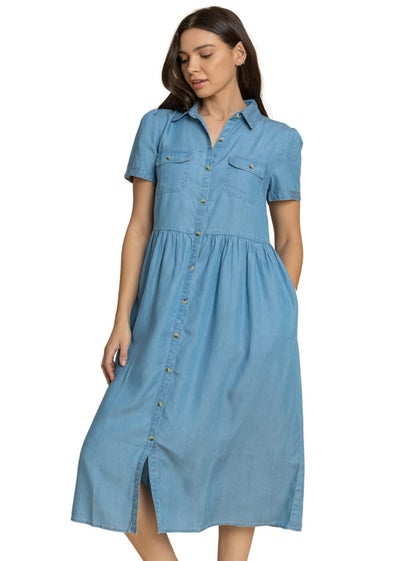 Roman Light Blue Denim Buttoned Midi Shirt Dress