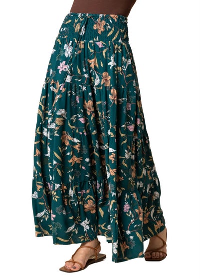 Roman Teal Floral Shirred Elastic Waist Maxi Skirt