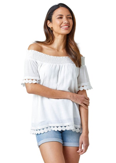 Roman Ivory Lace Detail Shirred Bardot Top