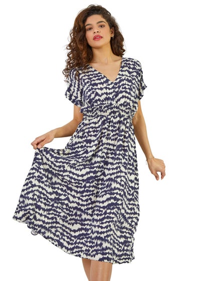 Roman Navy Abstract Print Fit & Flare Dress