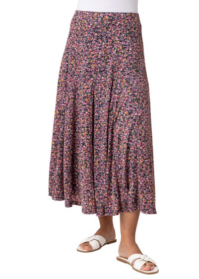 Roman Pink Ditsy Floral Burnout Elastic Waist Midi Skirt