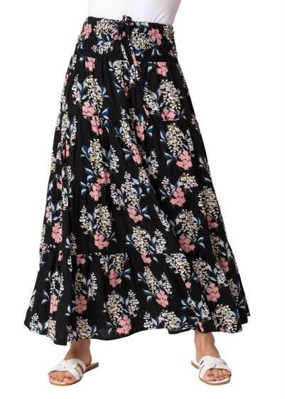 Roman Black Floral Shirred Waist Elastic Waist Maxi Skirt